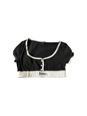 Black Cropped Button Front Top with Cream Trim